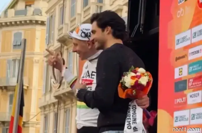 Sainz celebrates his friend's victory in the Milan-San Remo cycling race.