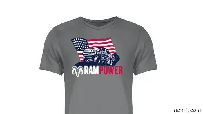 Ram attempted to sell a 'Patriotic T-Shirt' featuring an AI-generated Tacoma and a poorly designed American flag.