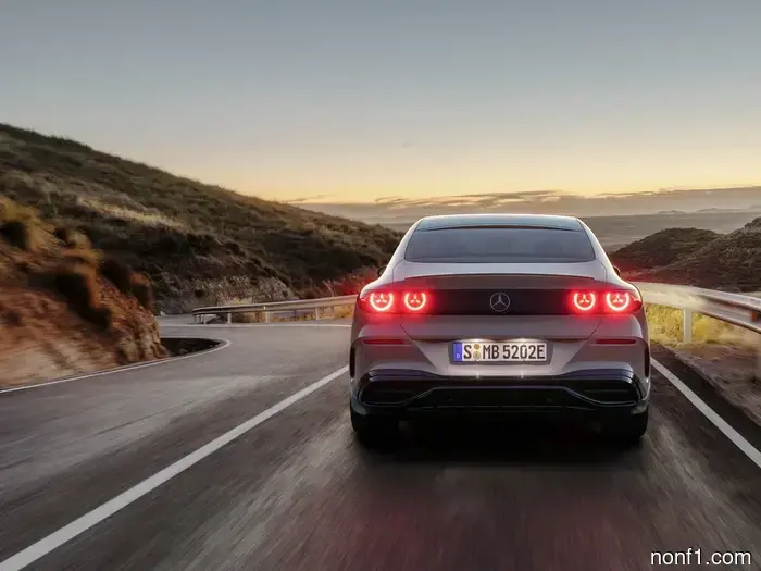 The full dashboard display of the Mercedes C-Class electric vehicle boasts an elegance that is reminiscent of a Dave & Buster's.
