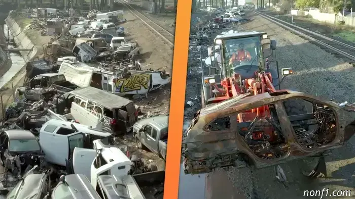 A group of excavators was required to clear away 85 abandoned vehicles located near railroad tracks in California.