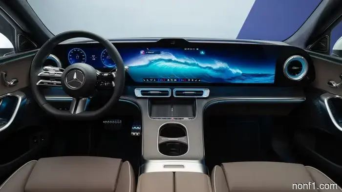 The full dashboard display of the Mercedes C-Class electric vehicle boasts an elegance that is reminiscent of a Dave & Buster's.