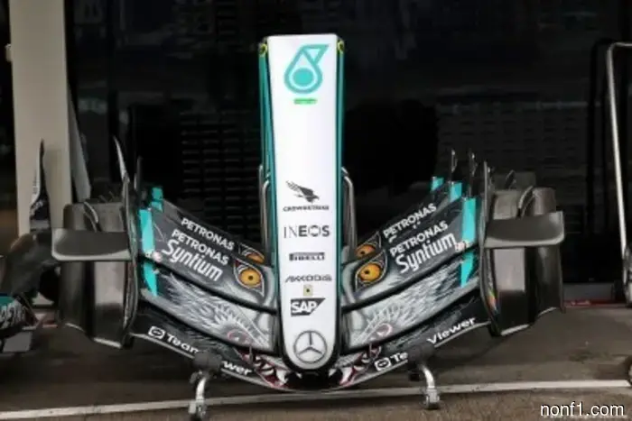Mercedes adjusts front wing following inquiry from Ferrari.