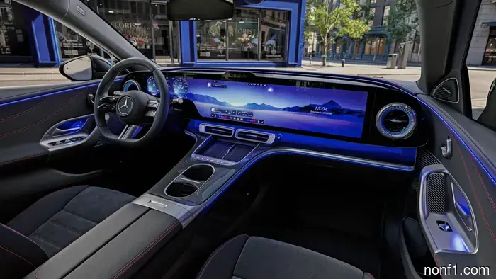 The full dashboard display of the Mercedes C-Class electric vehicle boasts an elegance that is reminiscent of a Dave & Buster's.
