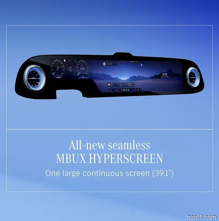 The full dashboard display of the Mercedes C-Class electric vehicle boasts an elegance that is reminiscent of a Dave & Buster's.