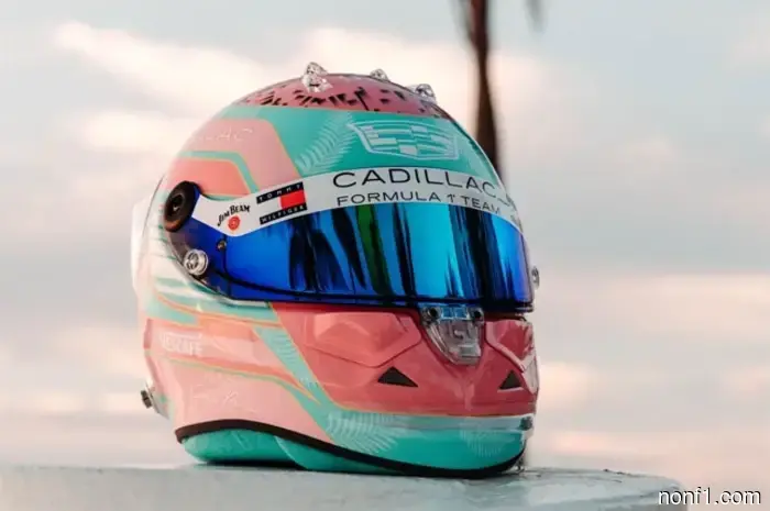Sergio Perez showed the helmet design for the Miami Grand Prix.