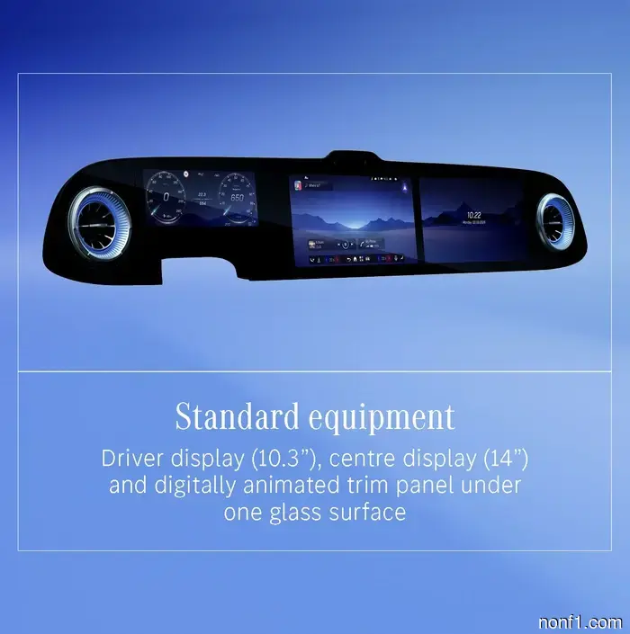 The full dashboard display of the Mercedes C-Class electric vehicle boasts an elegance that is reminiscent of a Dave & Buster's.