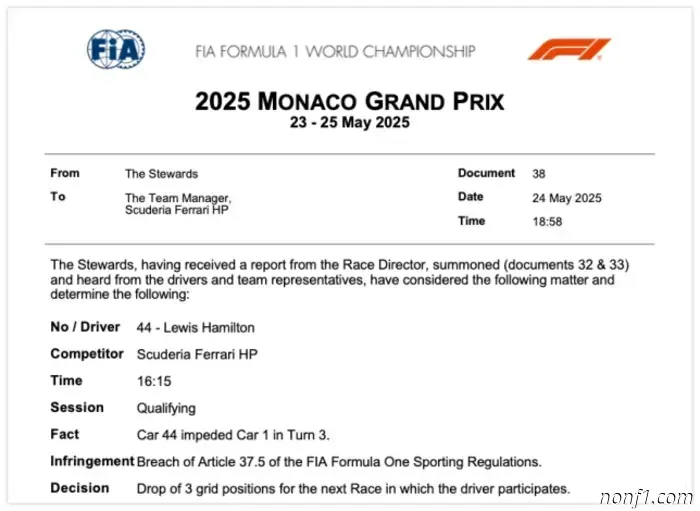 Hamilton will lose three places at the start of the Monaco Grand Prix